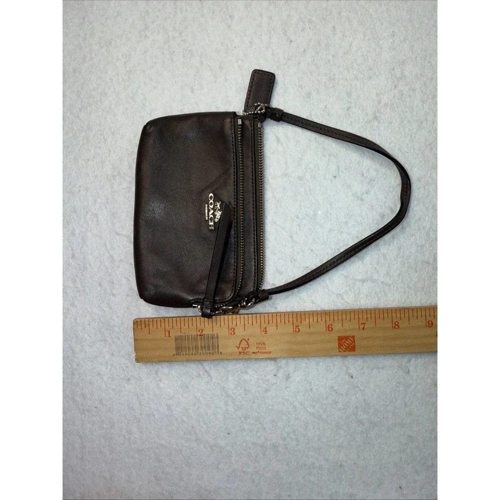 Coach Chocolate Brown Silver Front Logo Leather 2 Compartment Wristlet